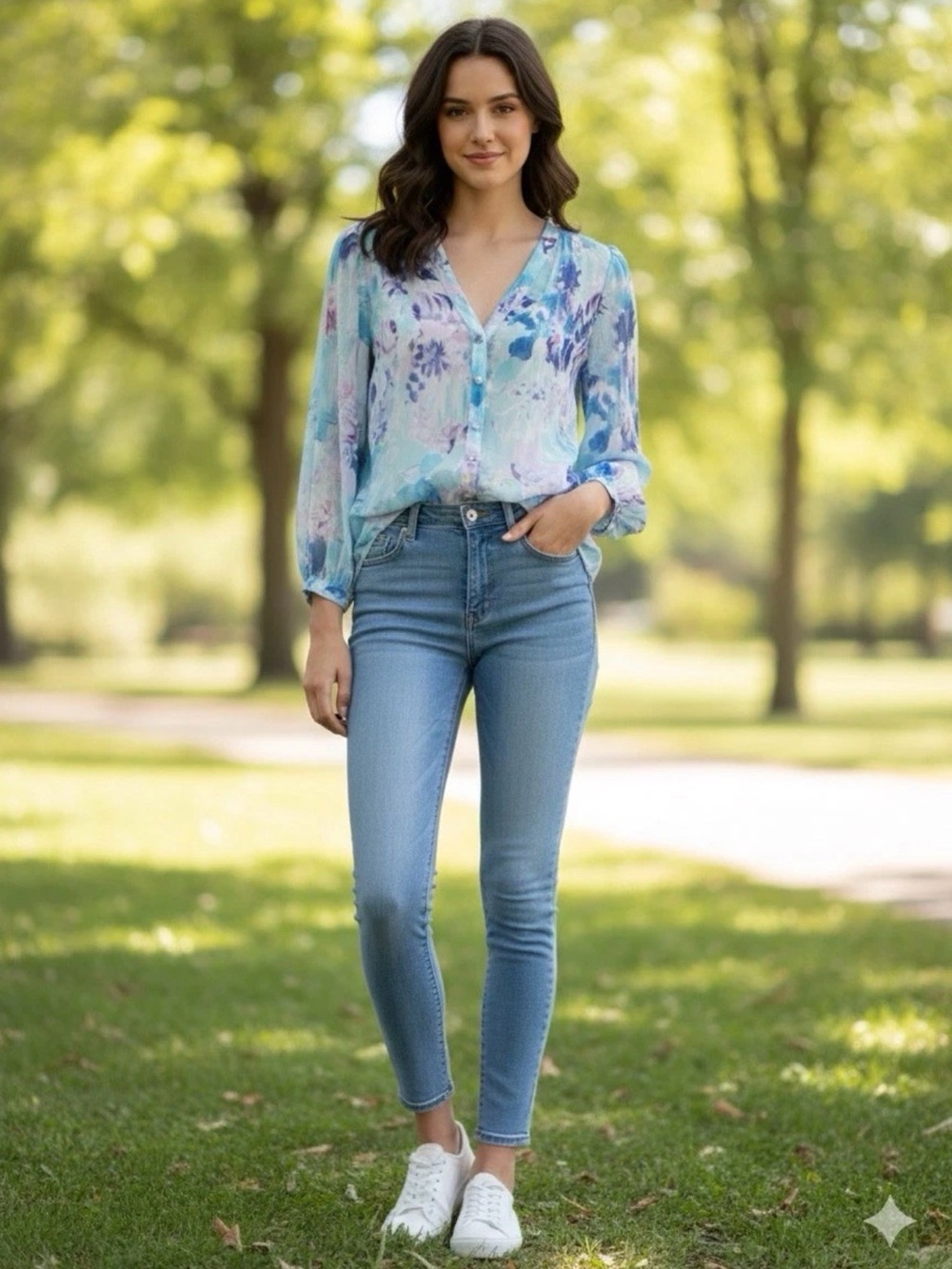 Hale Bob Silk Floral Print Blue Multi V- Neck Sheer Button Up Shirt Sz Small NWT